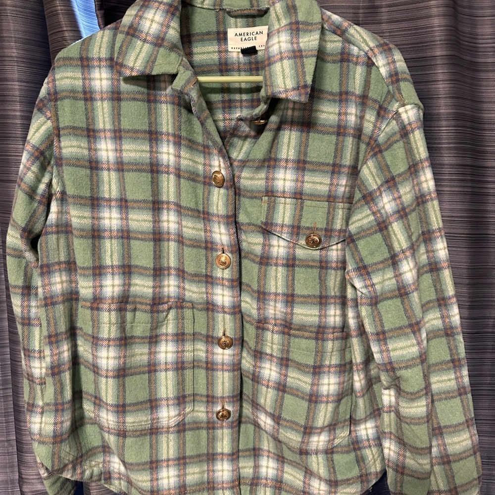 American Eagle Blue and Tan Plaid Shirt